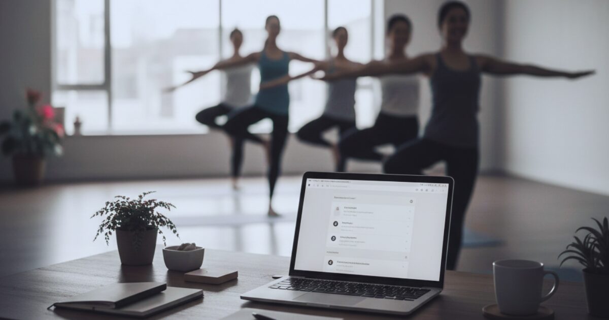 ヨガ・ピラティス教室の事務作業を効率化するパソコンと、背景でレッスンを行う生徒たちのイメージ